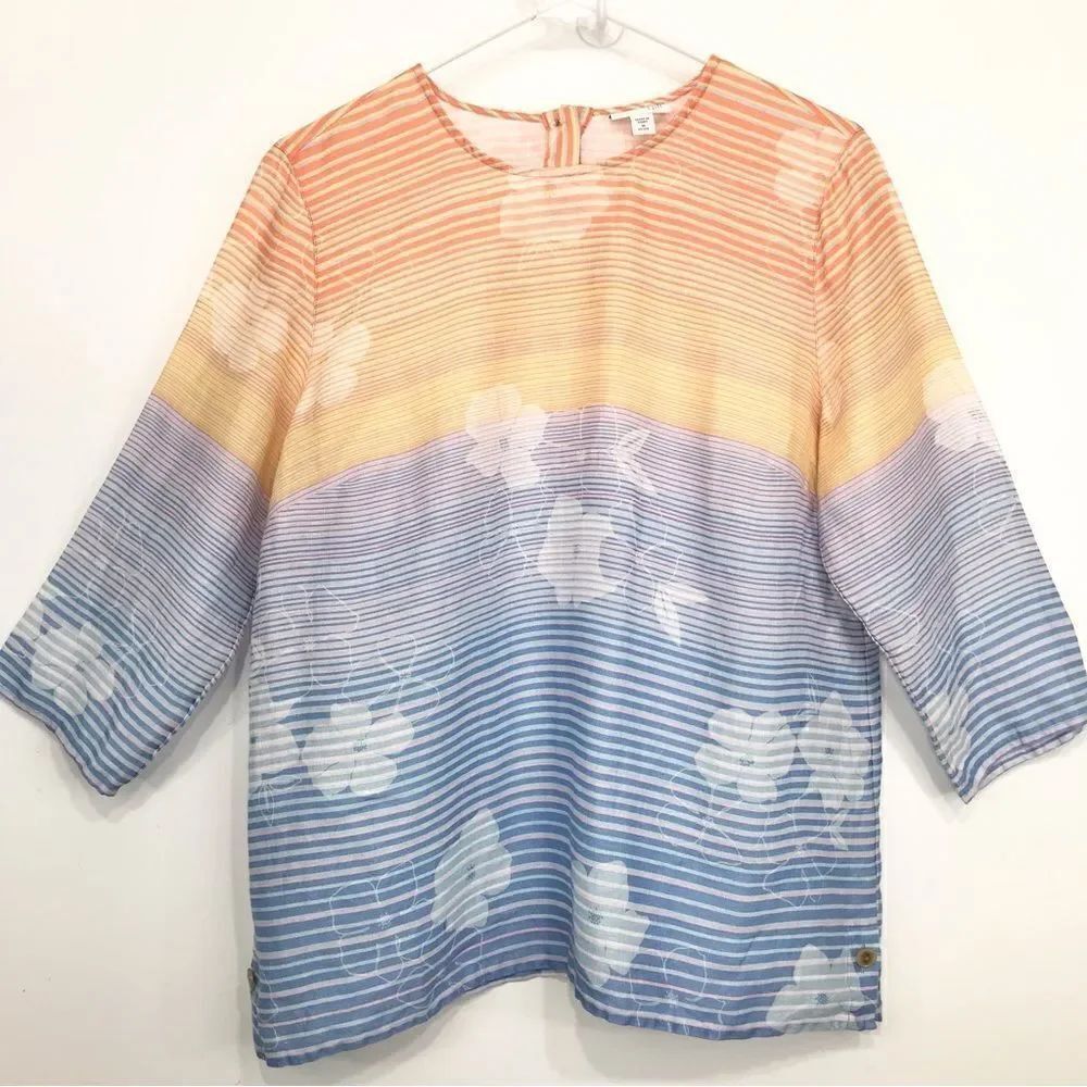 J. Jill Love Linen Multicolored Striped Floral Linen Popover Blouse